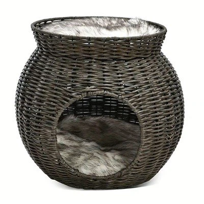 Vase en rotin noir respectueux de l'environnement-en forme de grotte à chat/lit pour animaux de compagnie double-
