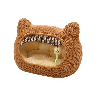 Lit pour animal de compagnie en forme de tête de chat en rotin semi-fermé -écologique-tissé à la main-en forme de tête de chat-