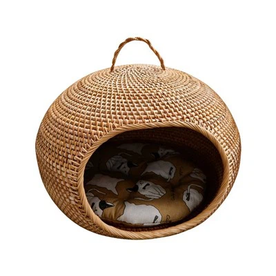 Grotte pour chat ronde en rotin naturel-tissé à la main-qui respecte l'environnement avec poignée/lit pour animal de compagnie